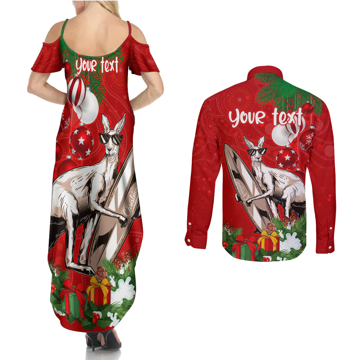 personalised-kangaroo-lover-couples-matching-summer-maxi-dress-and-long-sleeve-button-shirt-australia-merry-christmas-aboriginal