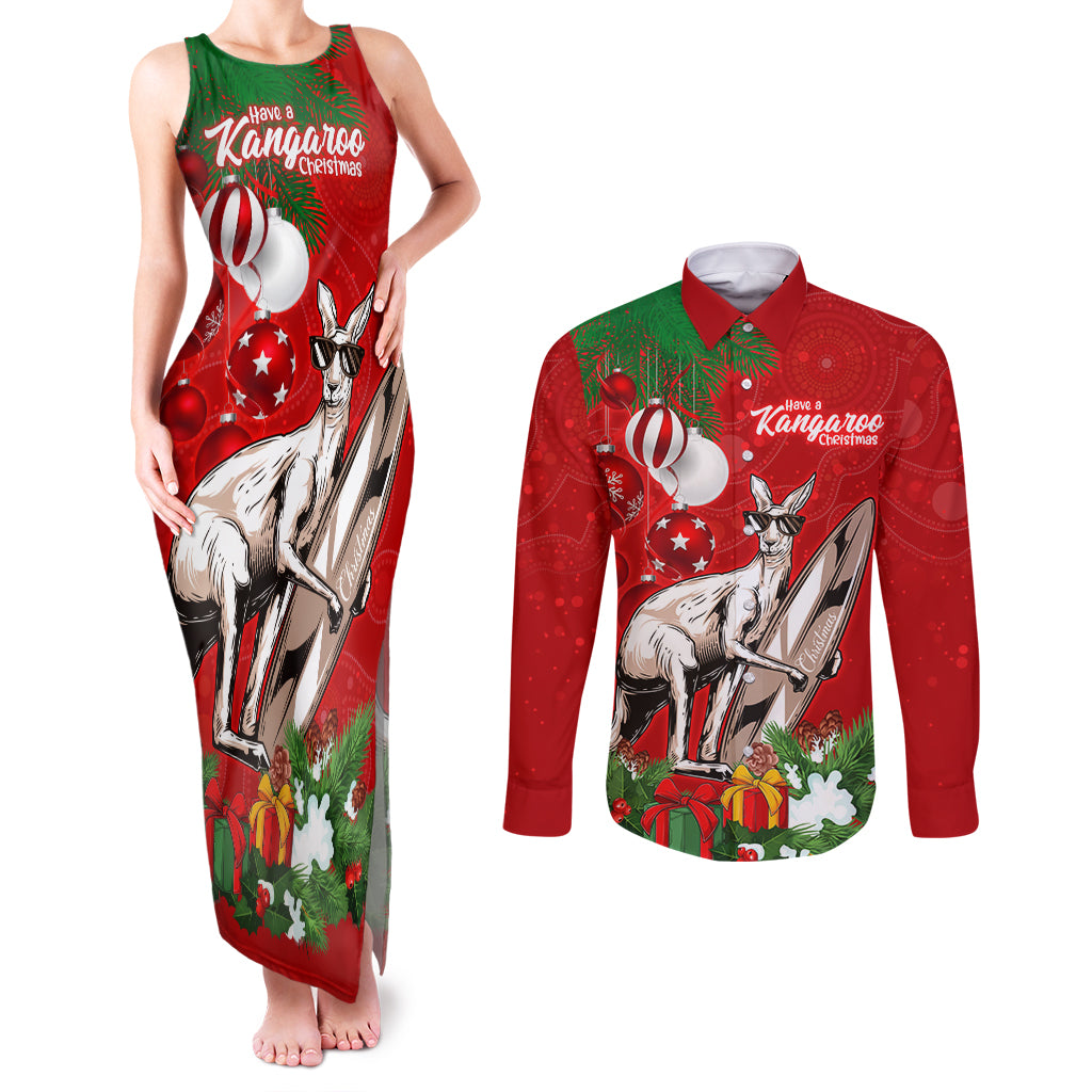 personalised-kangaroo-lover-couples-matching-tank-maxi-dress-and-long-sleeve-button-shirt-australia-merry-christmas-aboriginal