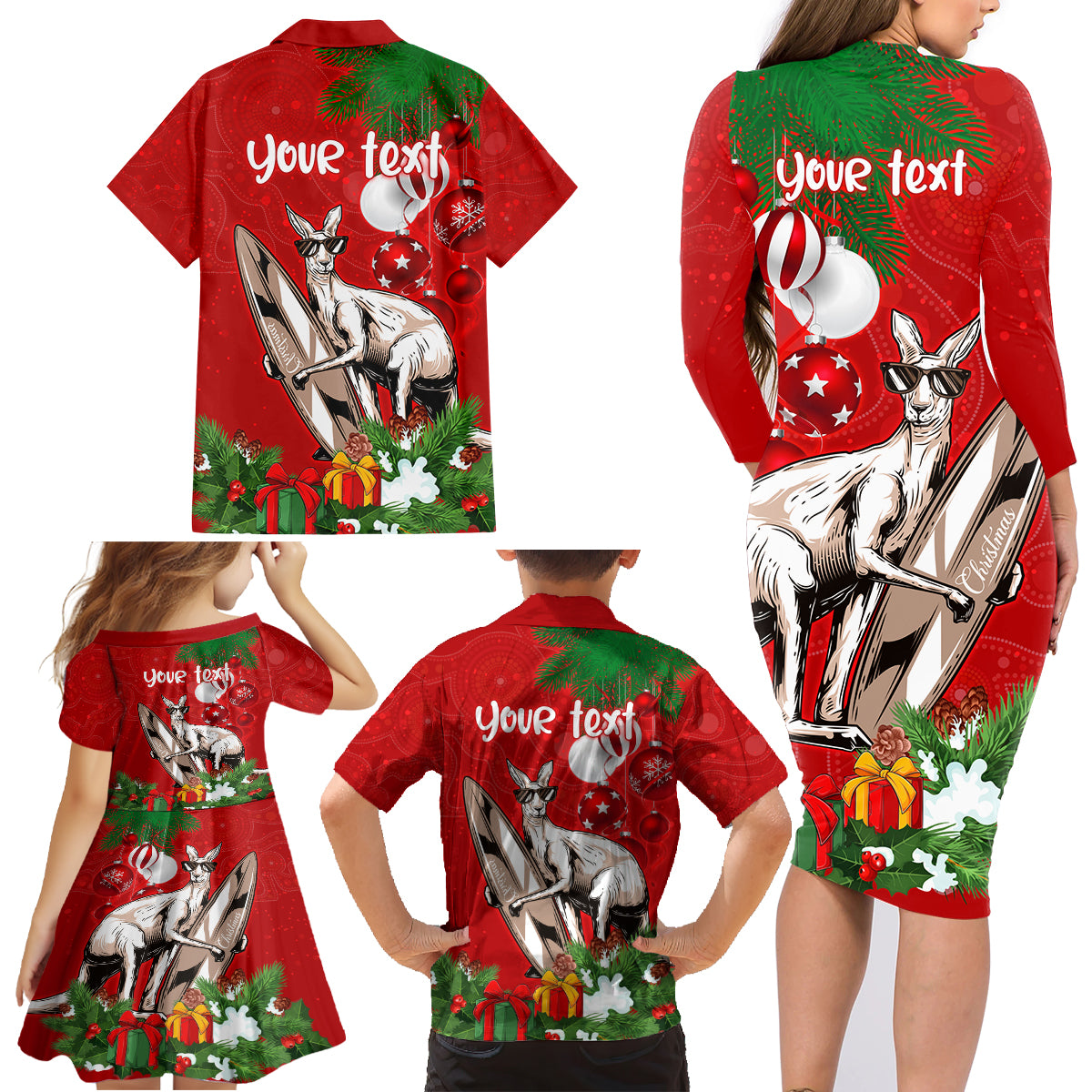 personalised-kangaroo-lover-family-matching-long-sleeve-bodycon-dress-and-hawaiian-shirt-australia-merry-christmas-aboriginal