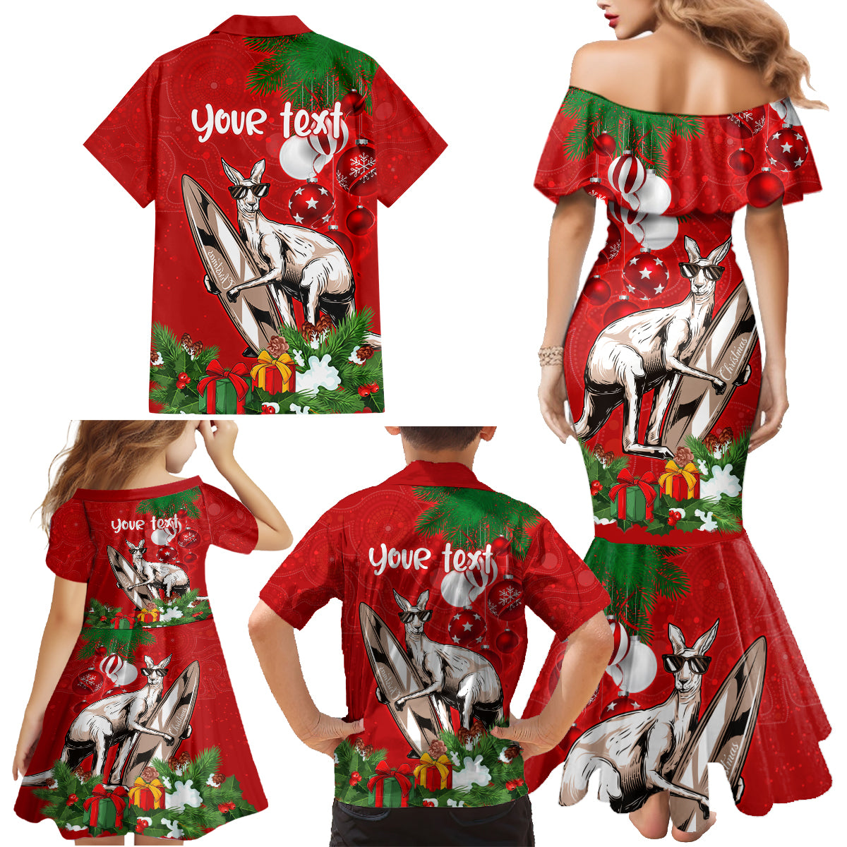 personalised-kangaroo-lover-family-matching-mermaid-dress-and-hawaiian-shirt-australia-merry-christmas-aboriginal