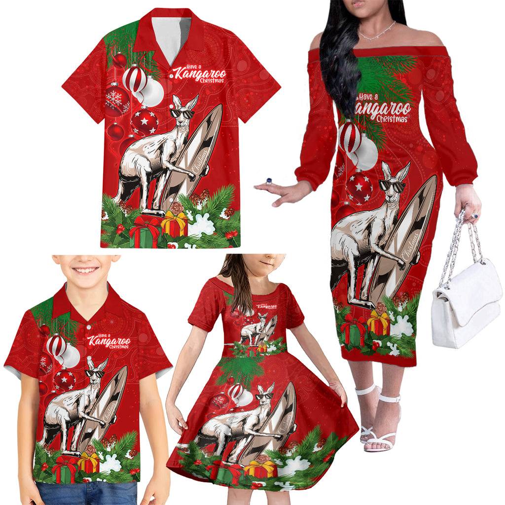 personalised-kangaroo-lover-family-matching-off-shoulder-long-sleeve-dress-and-hawaiian-shirt-australia-merry-christmas-aboriginal