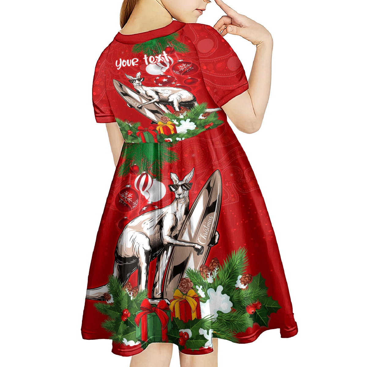 personalised-kangaroo-lover-kid-short-sleeve-dress-australia-merry-christmas-aboriginal