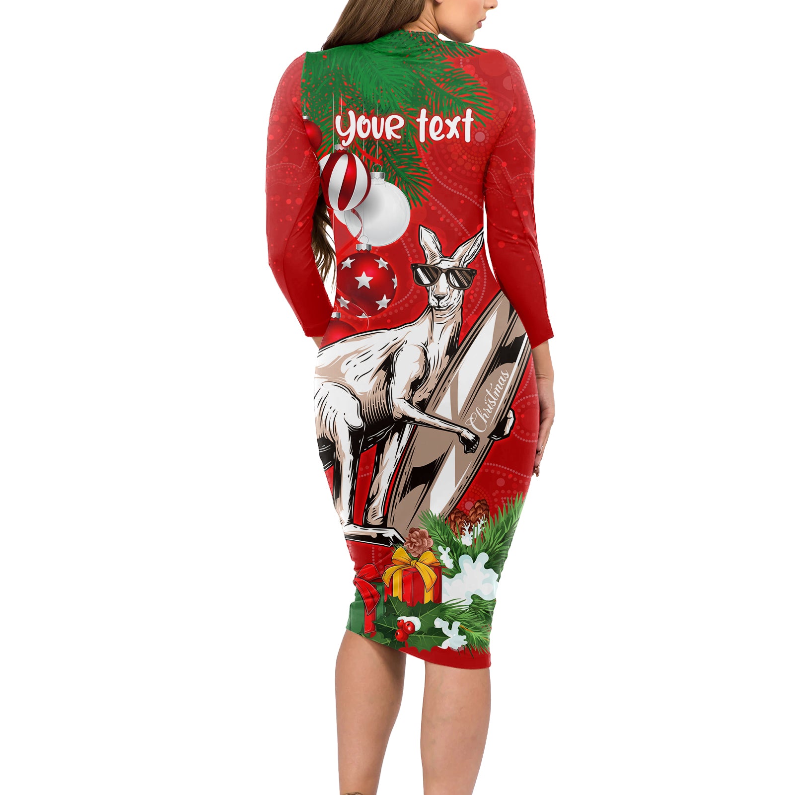 personalised-kangaroo-lover-long-sleeve-bodycon-dress-australia-merry-christmas-aboriginal