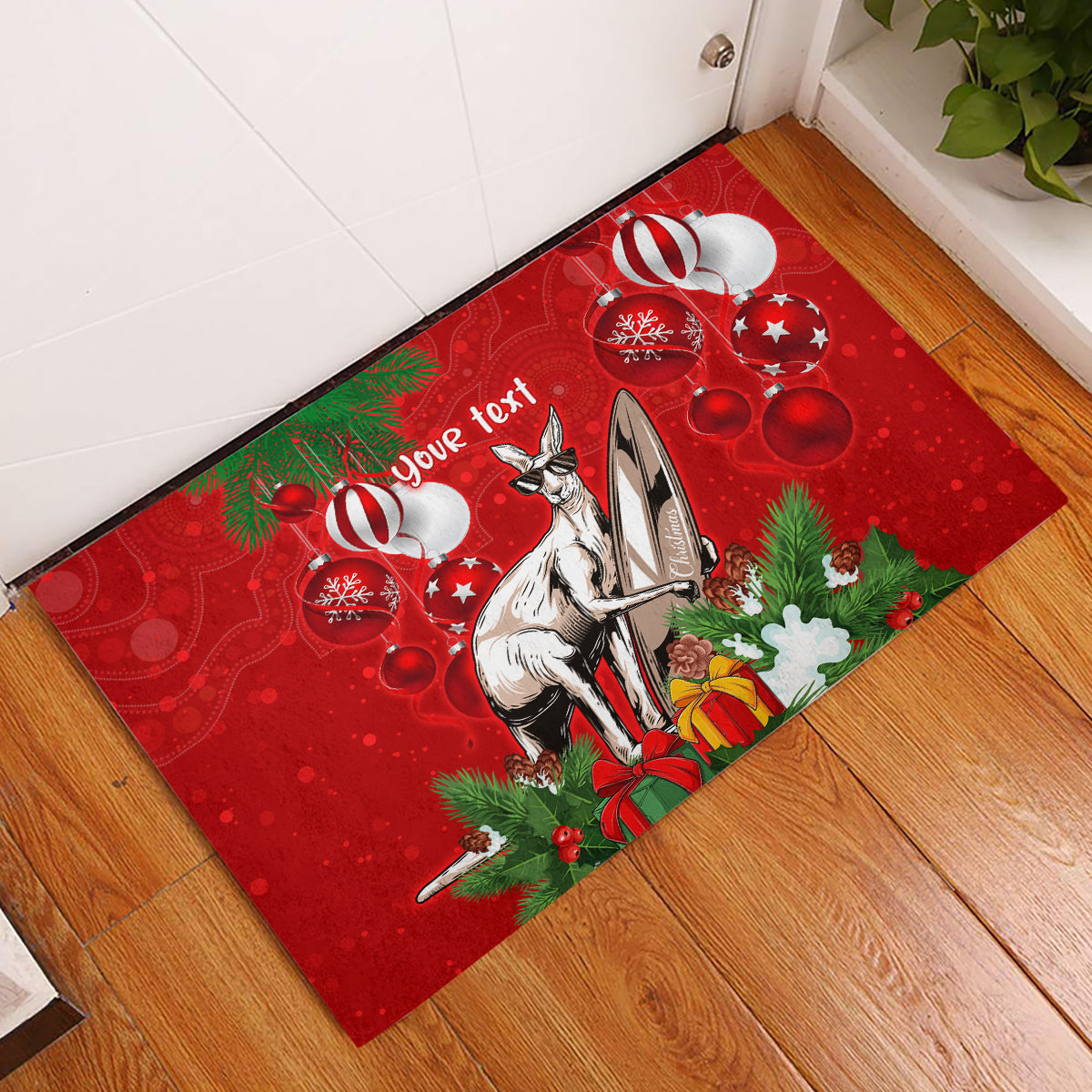 personalised-kangaroo-lover-rubber-doormat-australia-merry-christmas-aboriginal