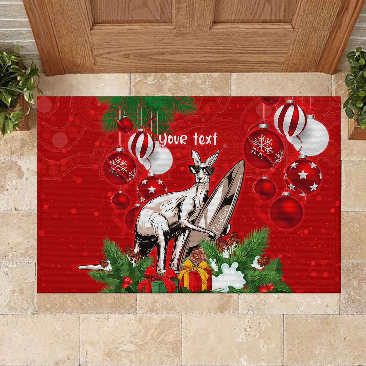 personalised-kangaroo-lover-rubber-doormat-australia-merry-christmas-aboriginal
