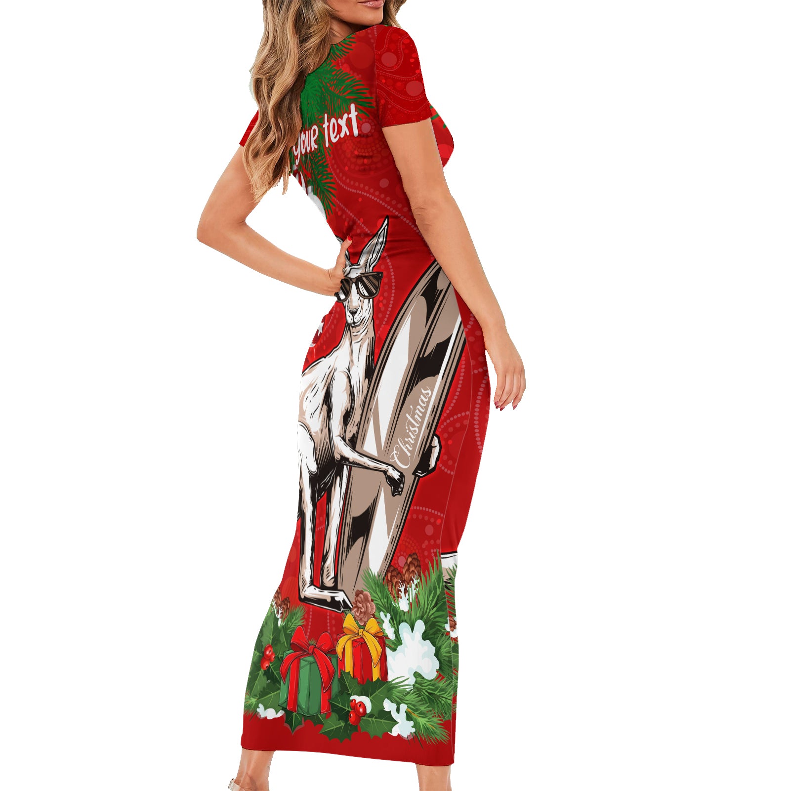 personalised-kangaroo-lover-short-sleeve-bodycon-dress-australia-merry-christmas-aboriginal