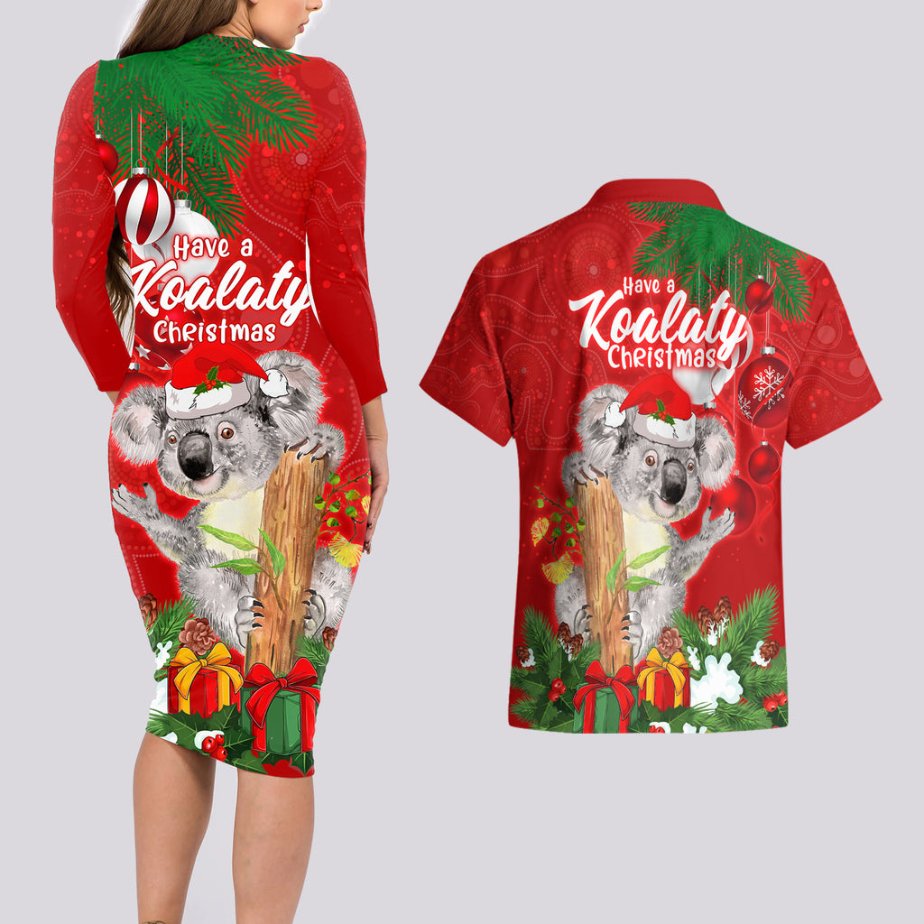 koala-lover-couples-matching-long-sleeve-bodycon-dress-and-hawaiian-shirt-australia-merry-christmas-aboriginal
