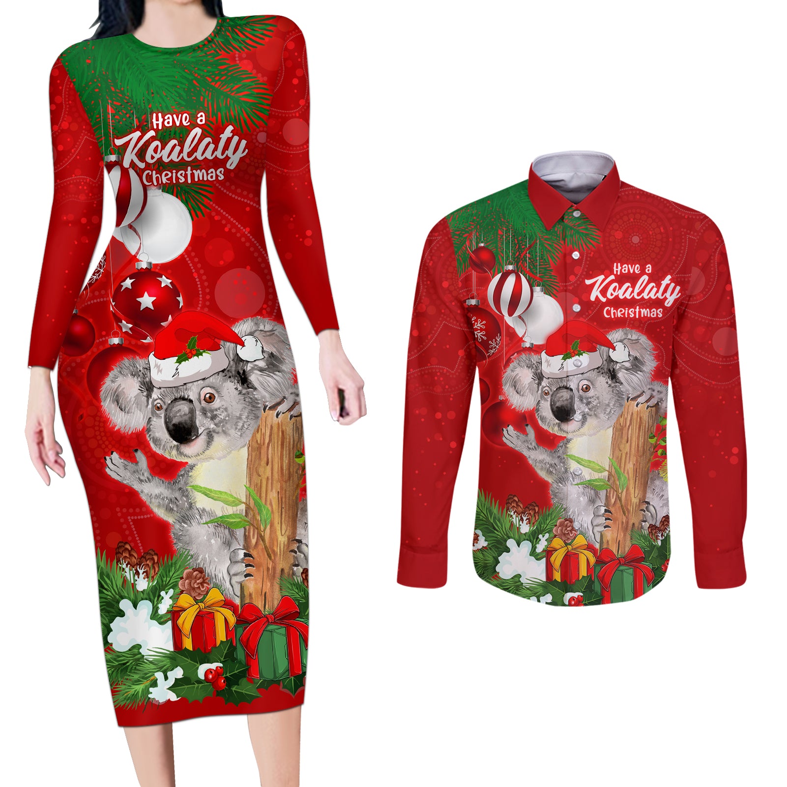 koala-lover-couples-matching-long-sleeve-bodycon-dress-and-long-sleeve-button-shirt-australia-merry-christmas-aboriginal