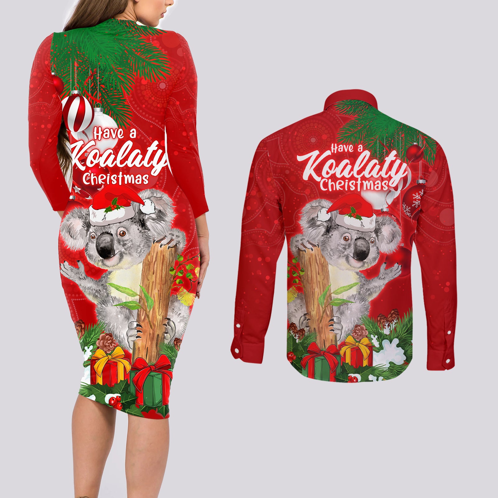 koala-lover-couples-matching-long-sleeve-bodycon-dress-and-long-sleeve-button-shirt-australia-merry-christmas-aboriginal