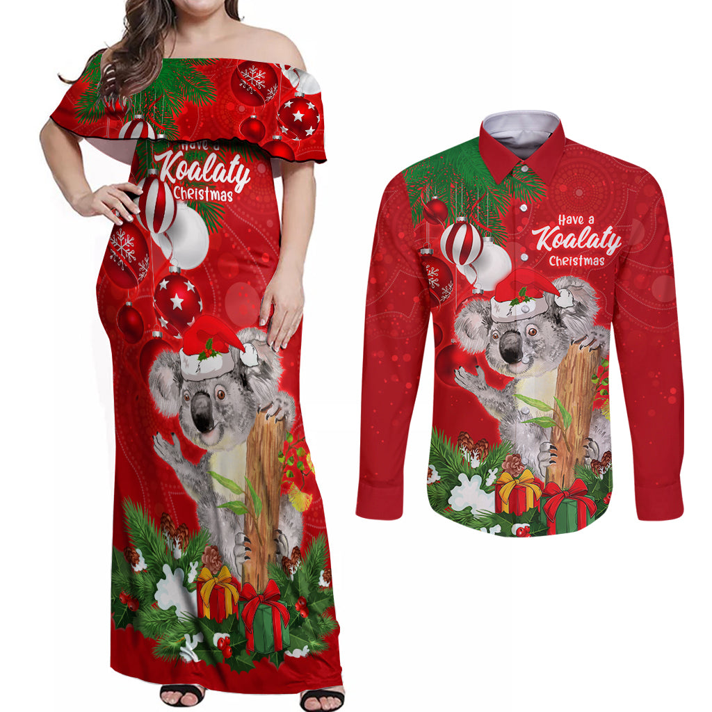koala-lover-couples-matching-off-shoulder-maxi-dress-and-long-sleeve-button-shirt-australia-merry-christmas-aboriginal