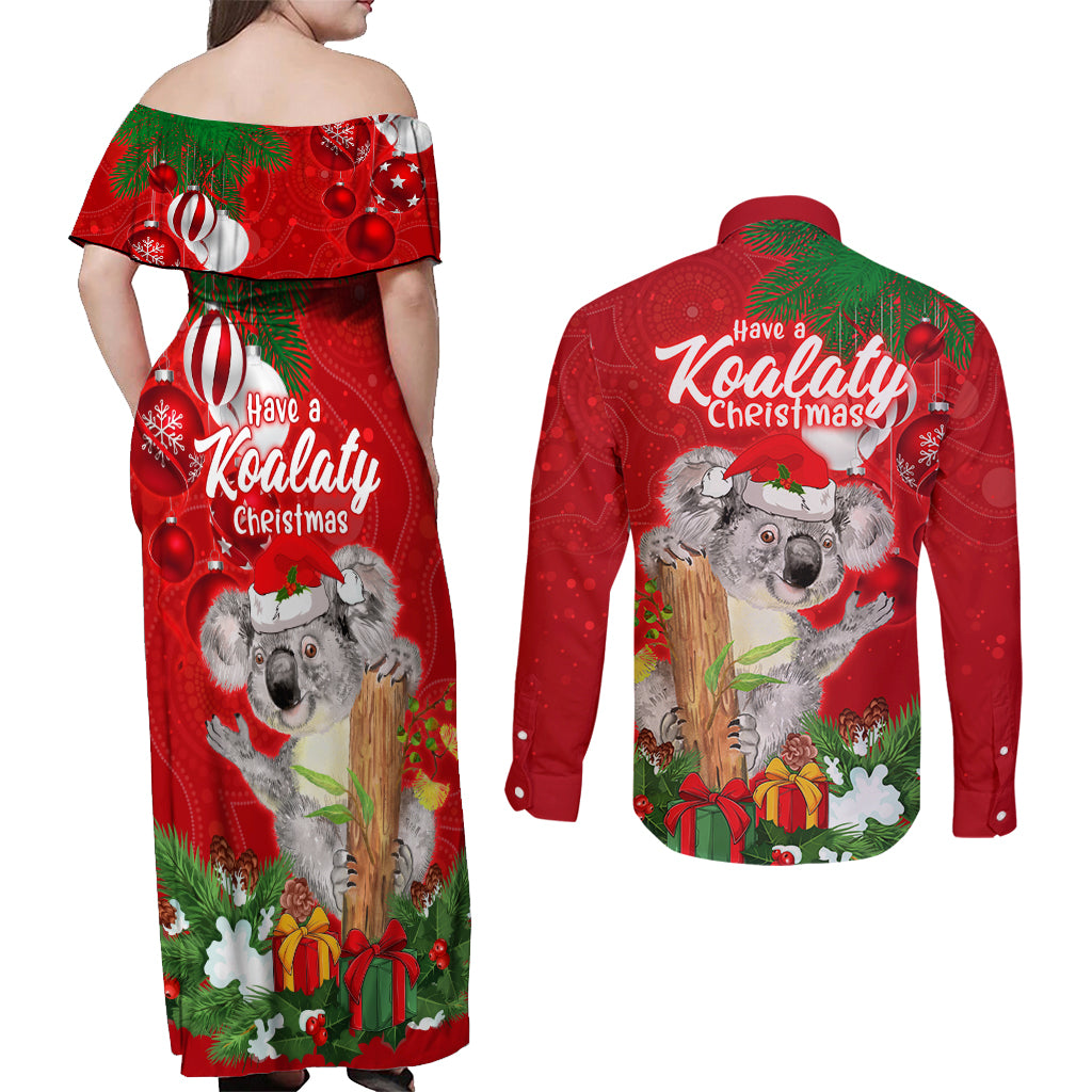 koala-lover-couples-matching-off-shoulder-maxi-dress-and-long-sleeve-button-shirt-australia-merry-christmas-aboriginal
