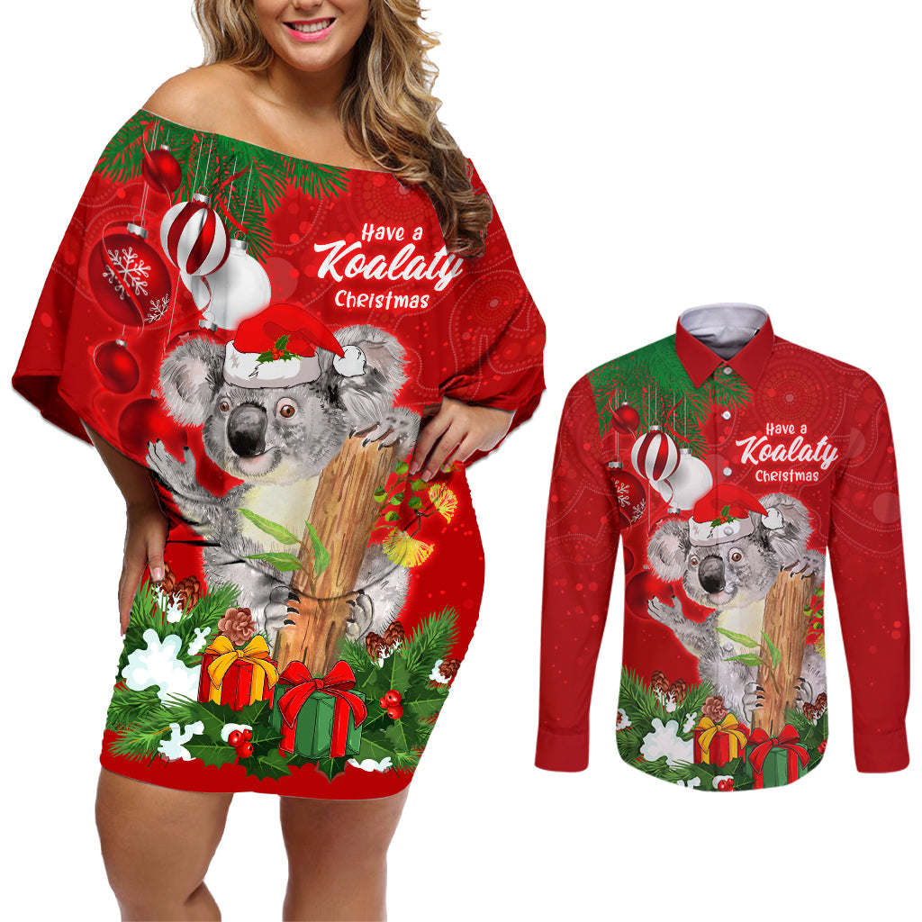 koala-lover-couples-matching-off-shoulder-short-dress-and-long-sleeve-button-shirt-australia-merry-christmas-aboriginal