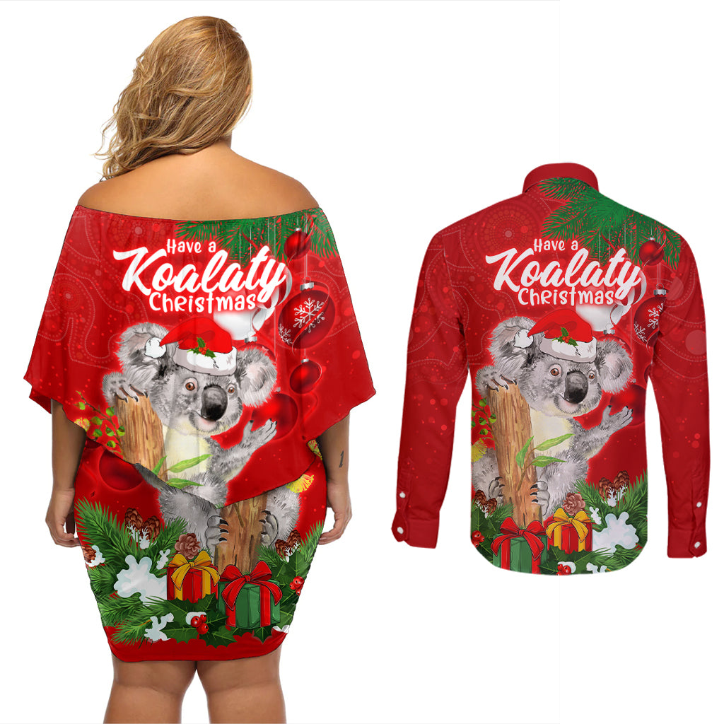 koala-lover-couples-matching-off-shoulder-short-dress-and-long-sleeve-button-shirt-australia-merry-christmas-aboriginal