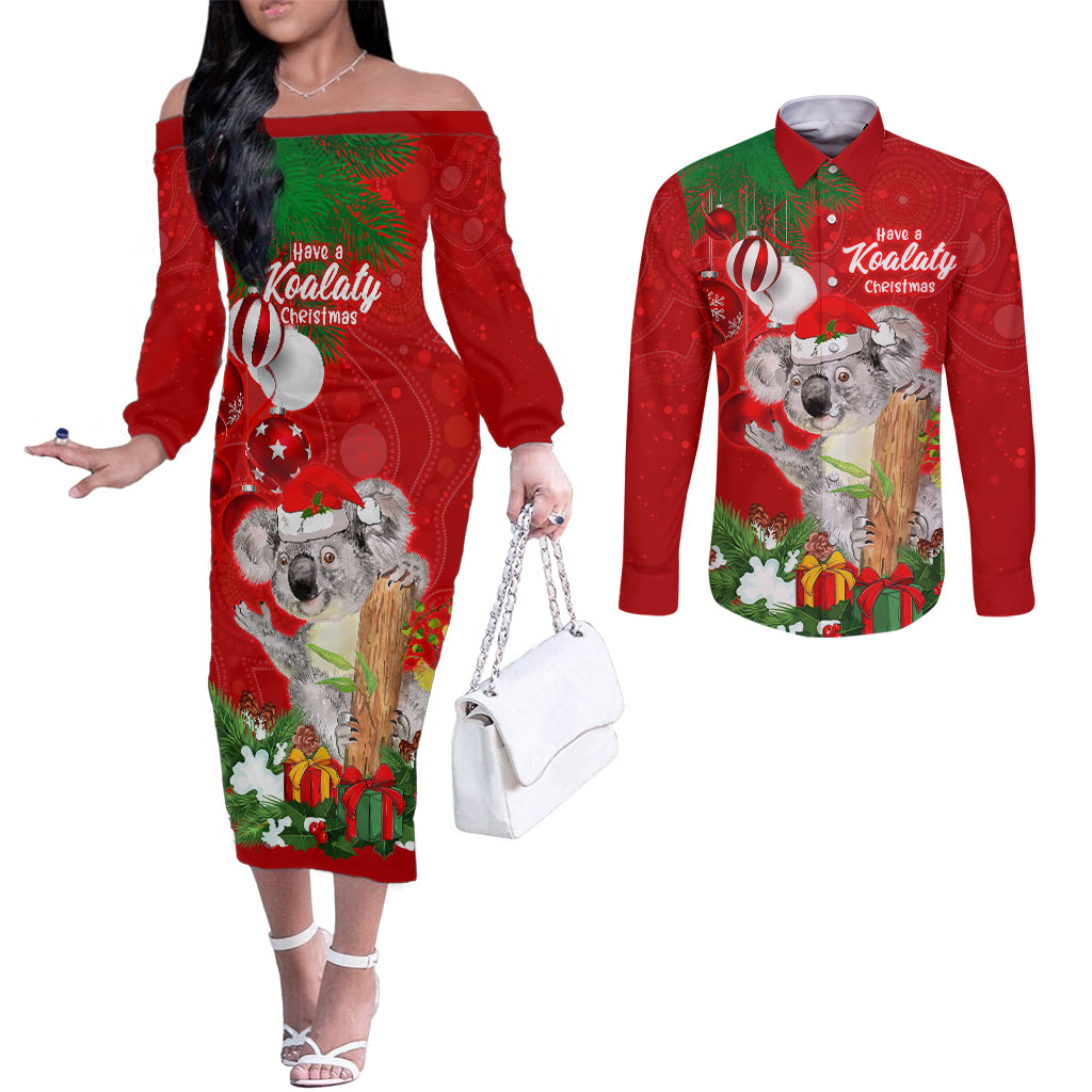 koala-lover-couples-matching-off-the-shoulder-long-sleeve-dress-and-long-sleeve-button-shirt-australia-merry-christmas-aboriginal
