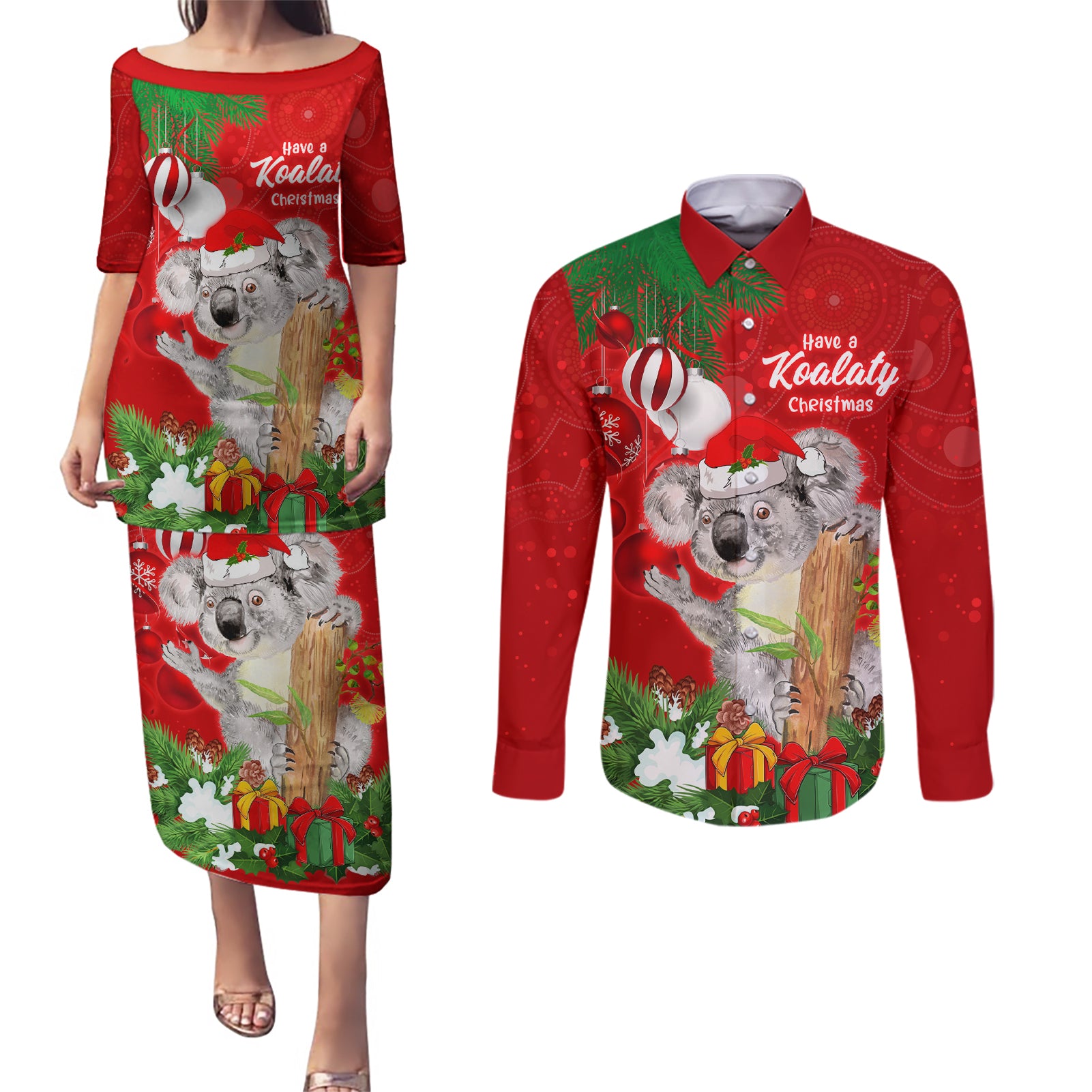 koala-lover-couples-matching-puletasi-dress-and-long-sleeve-button-shirt-australia-merry-christmas-aboriginal
