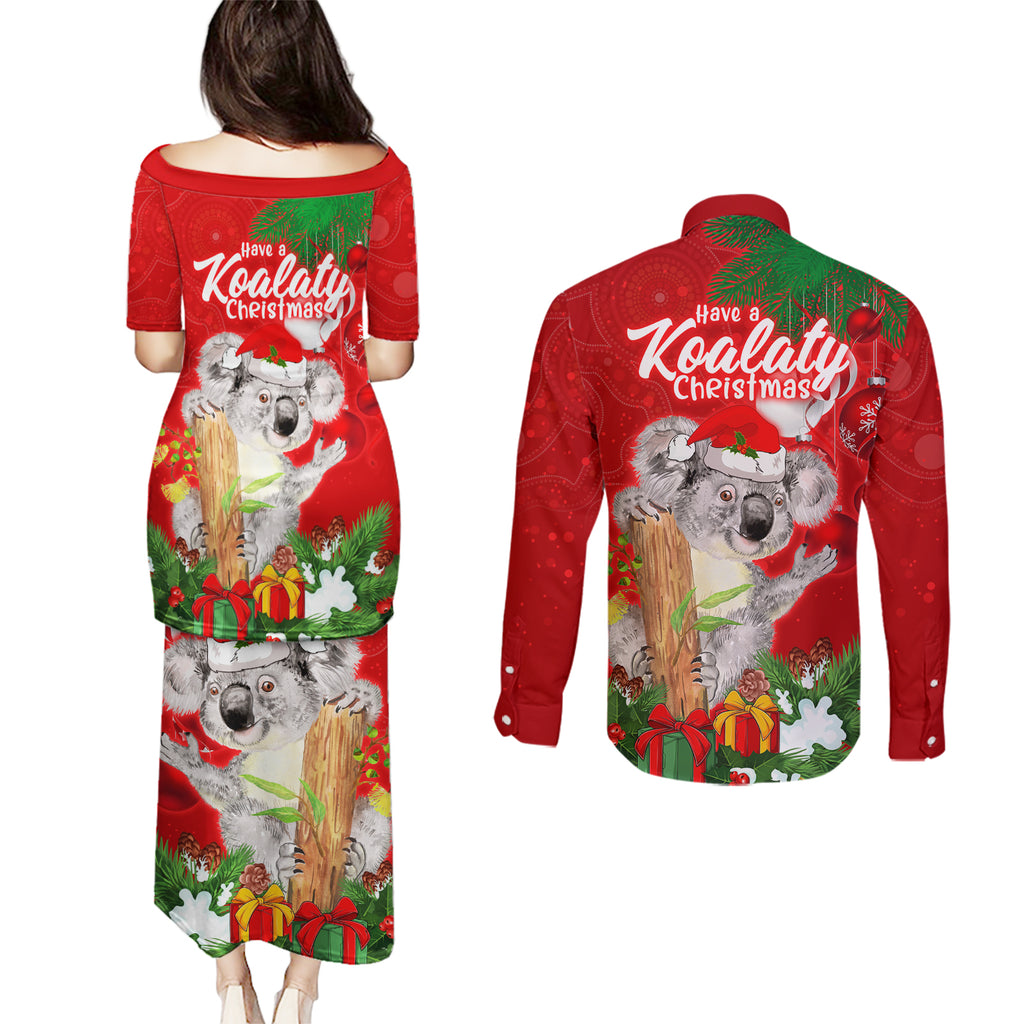 koala-lover-couples-matching-puletasi-dress-and-long-sleeve-button-shirt-australia-merry-christmas-aboriginal