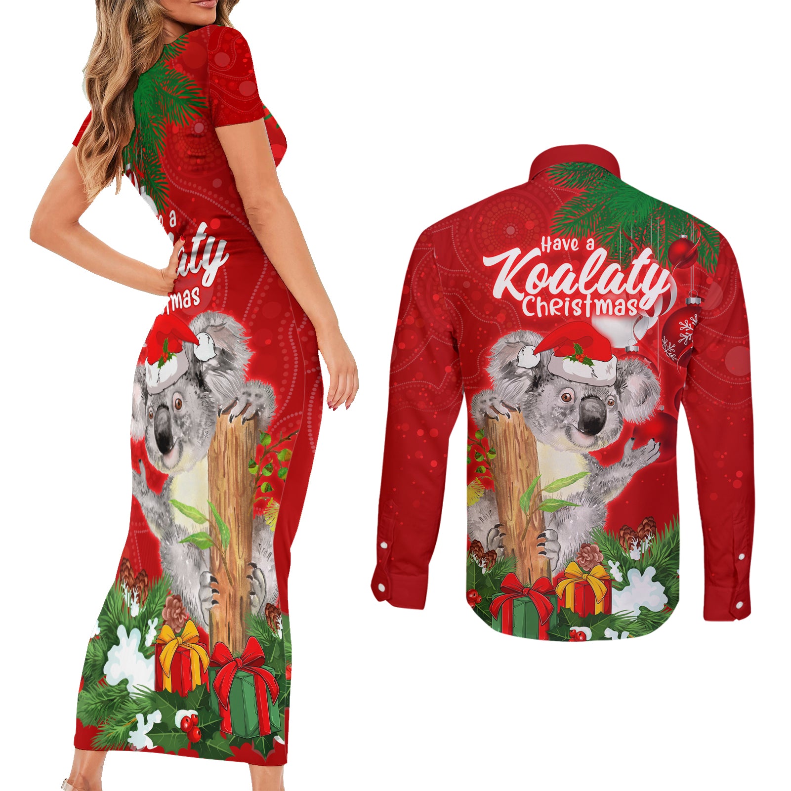 koala-lover-couples-matching-short-sleeve-bodycon-dress-and-long-sleeve-button-shirt-australia-merry-christmas-aboriginal