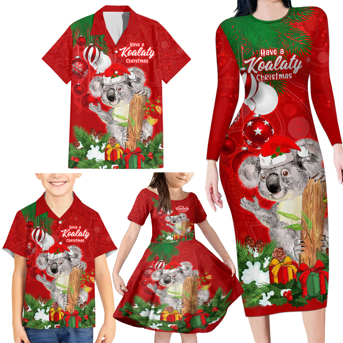 koala-lover-family-matching-long-sleeve-bodycon-dress-and-hawaiian-shirt-australia-merry-christmas-aboriginal