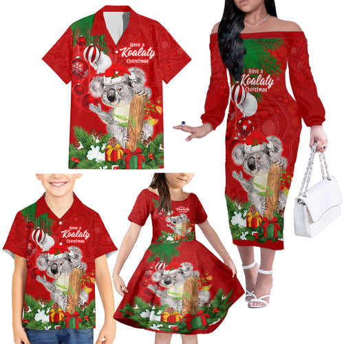 koala-lover-family-matching-off-shoulder-long-sleeve-dress-and-hawaiian-shirt-australia-merry-christmas-aboriginal