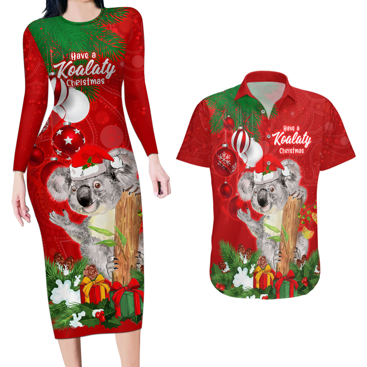 personalised-koala-lover-couples-matching-long-sleeve-bodycon-dress-and-hawaiian-shirt-australia-koalaty-merry-christmas-aboriginal