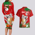 personalised-koala-lover-couples-matching-long-sleeve-bodycon-dress-and-hawaiian-shirt-australia-koalaty-merry-christmas-aboriginal