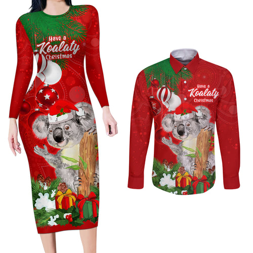 personalised-koala-lover-couples-matching-long-sleeve-bodycon-dress-and-long-sleeve-button-shirt-australia-koalaty-merry-christmas-aboriginal