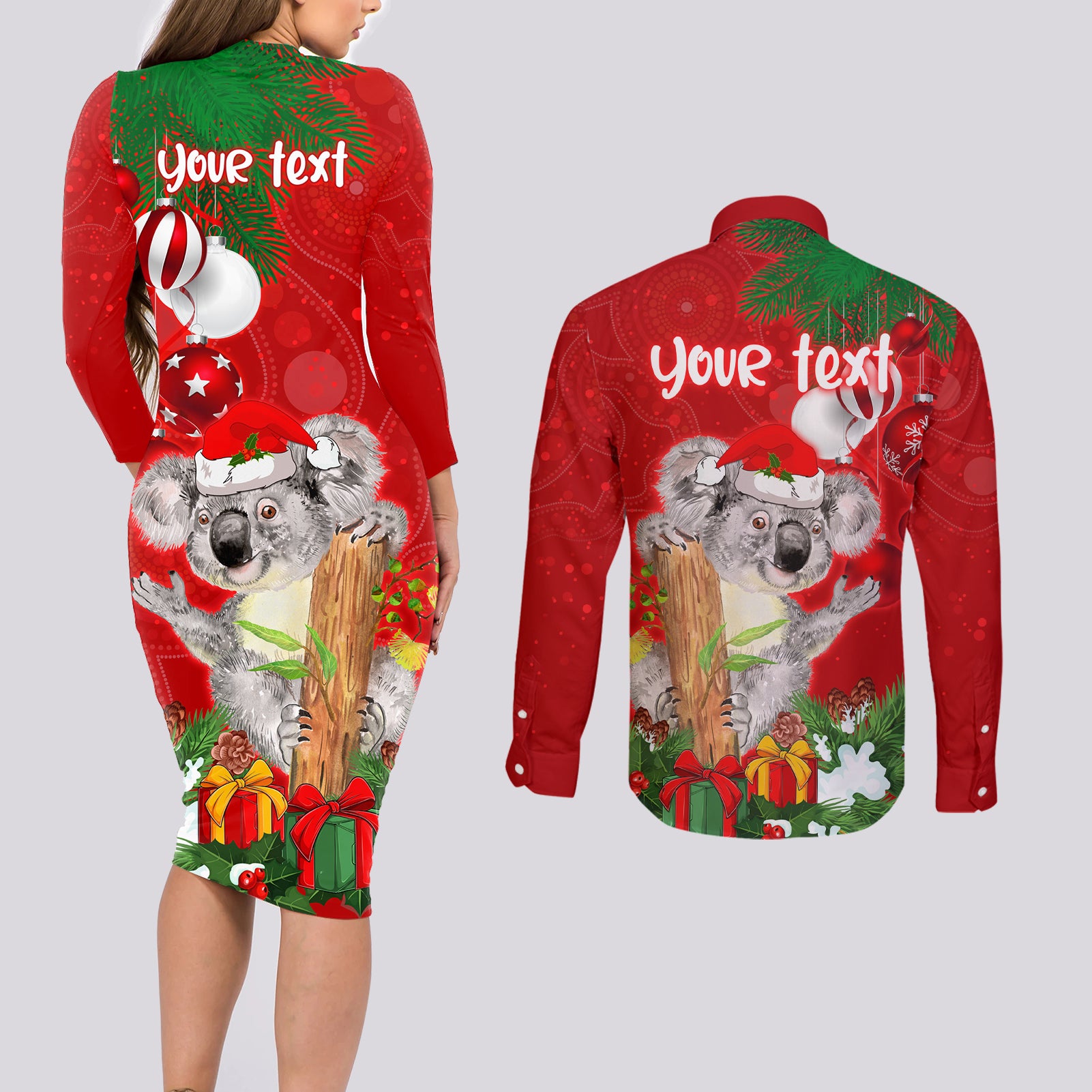 personalised-koala-lover-couples-matching-long-sleeve-bodycon-dress-and-long-sleeve-button-shirt-australia-koalaty-merry-christmas-aboriginal
