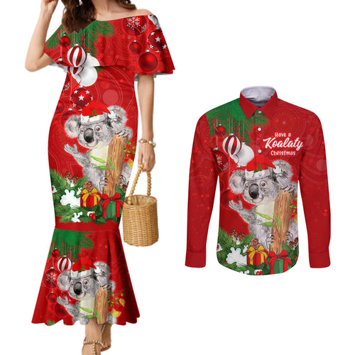 personalised-koala-lover-couples-matching-mermaid-dress-and-long-sleeve-button-shirt-australia-koalaty-merry-christmas-aboriginal