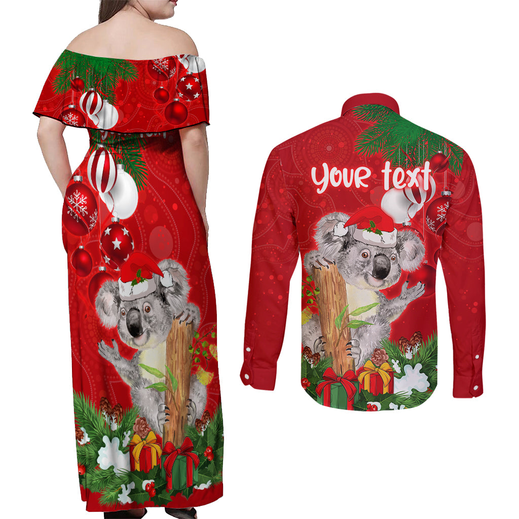 personalised-koala-lover-couples-matching-off-shoulder-maxi-dress-and-long-sleeve-button-shirt-australia-koalaty-merry-christmas-aboriginal