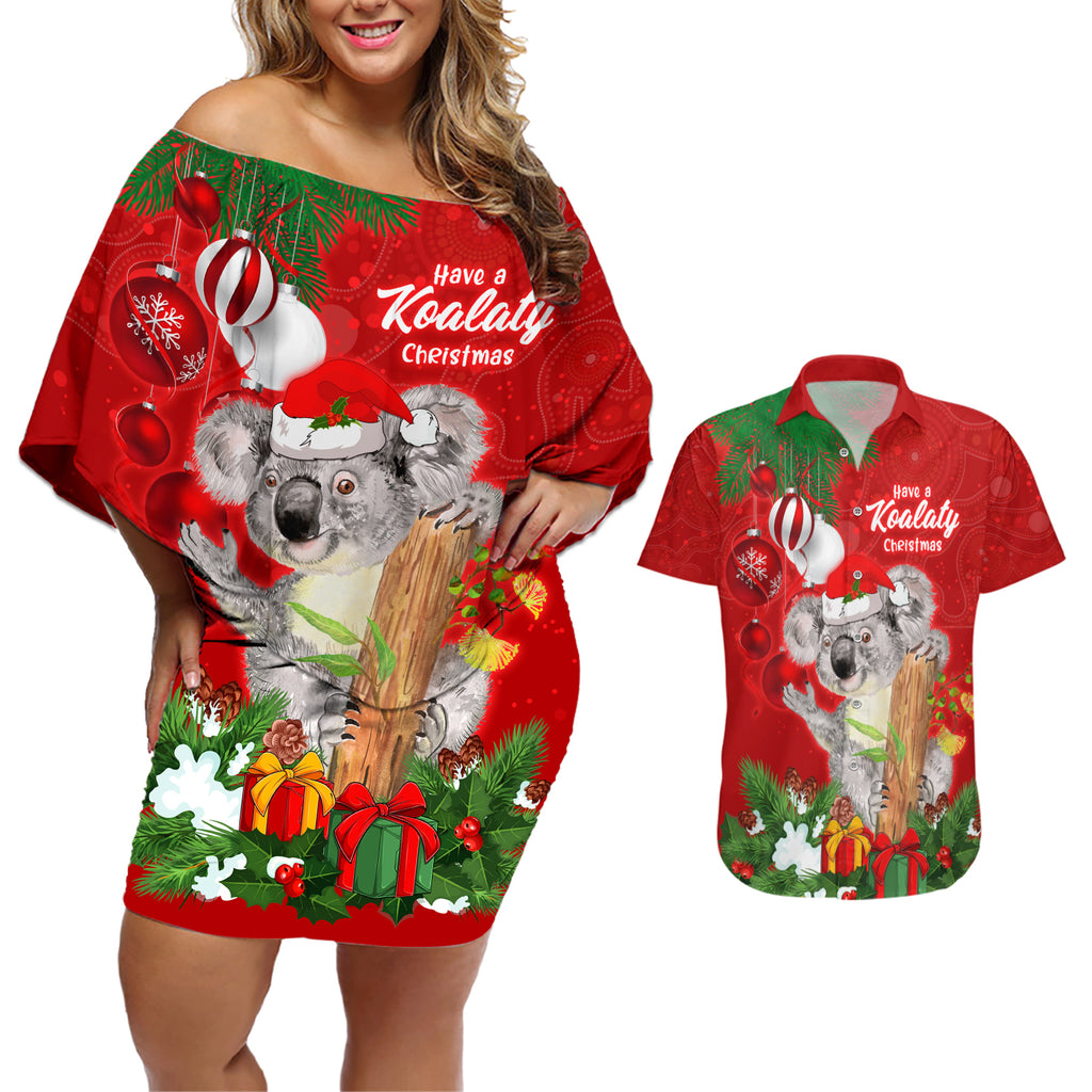 personalised-koala-lover-couples-matching-off-shoulder-short-dress-and-hawaiian-shirt-australia-koalaty-merry-christmas-aboriginal