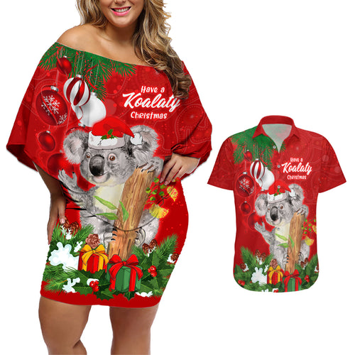 personalised-koala-lover-couples-matching-off-shoulder-short-dress-and-hawaiian-shirt-australia-koalaty-merry-christmas-aboriginal