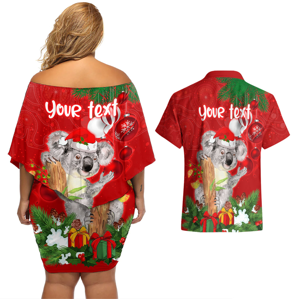 personalised-koala-lover-couples-matching-off-shoulder-short-dress-and-hawaiian-shirt-australia-koalaty-merry-christmas-aboriginal