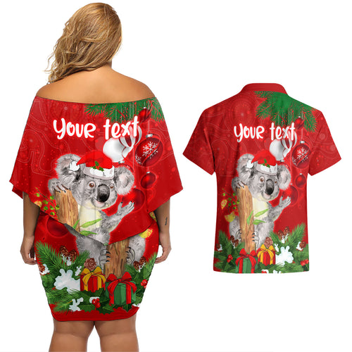 personalised-koala-lover-couples-matching-off-shoulder-short-dress-and-hawaiian-shirt-australia-koalaty-merry-christmas-aboriginal