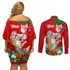 personalised-koala-lover-couples-matching-off-shoulder-short-dress-and-long-sleeve-button-shirt-australia-koalaty-merry-christmas-aboriginal