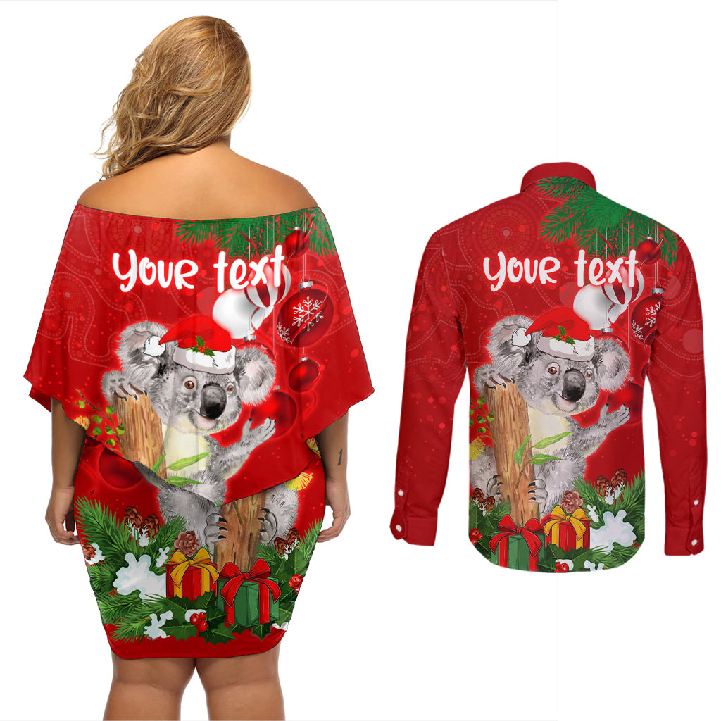 personalised-koala-lover-couples-matching-off-shoulder-short-dress-and-long-sleeve-button-shirt-australia-koalaty-merry-christmas-aboriginal