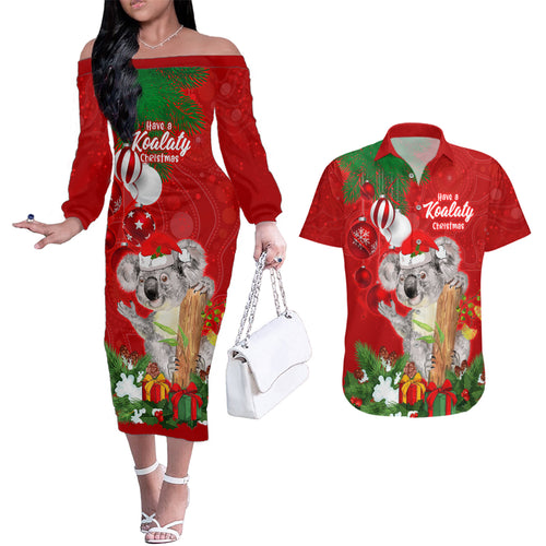 personalised-koala-lover-couples-matching-off-the-shoulder-long-sleeve-dress-and-hawaiian-shirt-australia-koalaty-merry-christmas-aboriginal
