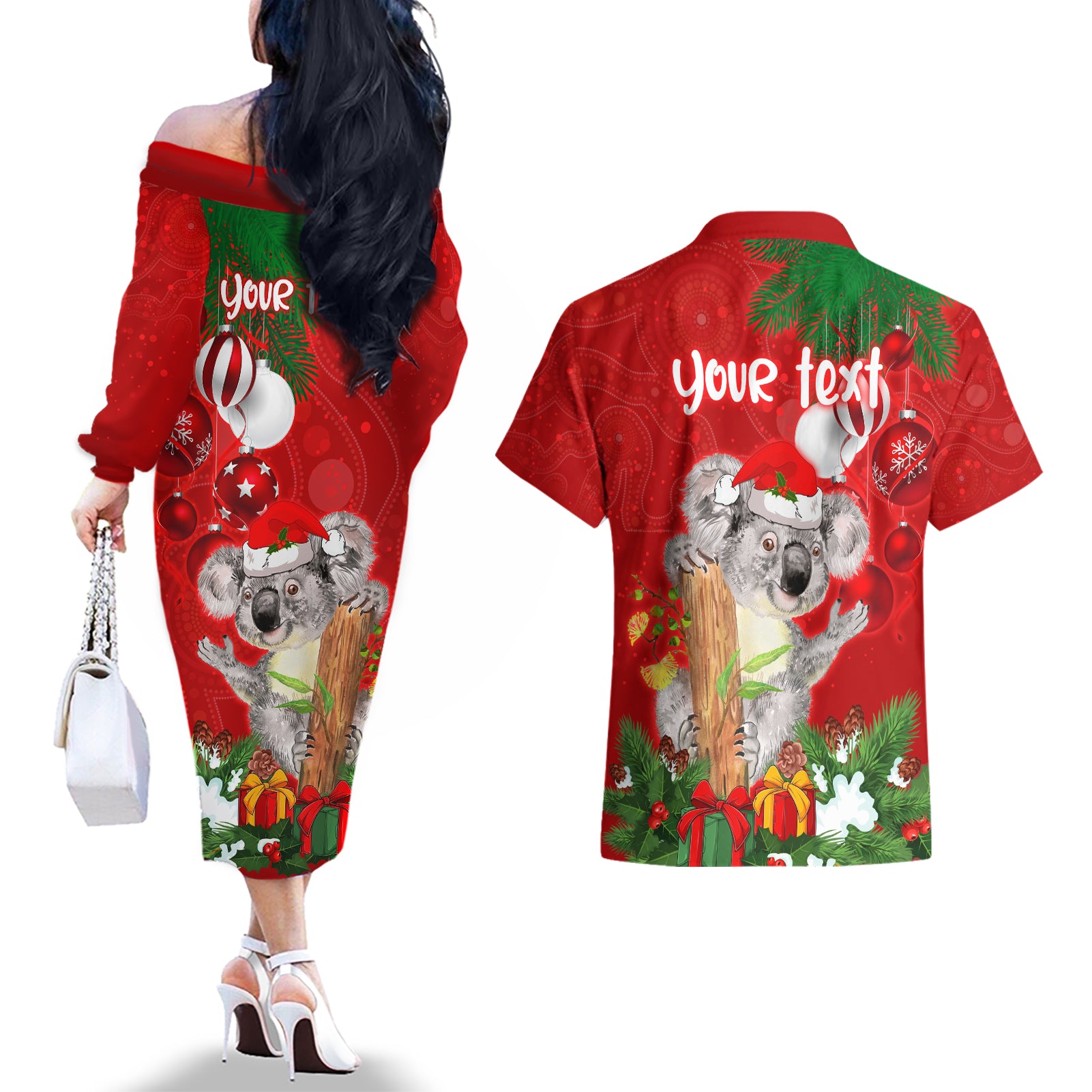 personalised-koala-lover-couples-matching-off-the-shoulder-long-sleeve-dress-and-hawaiian-shirt-australia-koalaty-merry-christmas-aboriginal