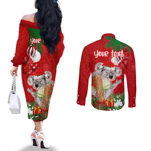 personalised-koala-lover-couples-matching-off-the-shoulder-long-sleeve-dress-and-long-sleeve-button-shirt-australia-koalaty-merry-christmas-aboriginal