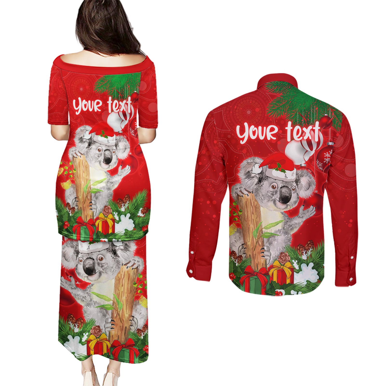 personalised-koala-lover-couples-matching-puletasi-dress-and-long-sleeve-button-shirt-australia-koalaty-merry-christmas-aboriginal