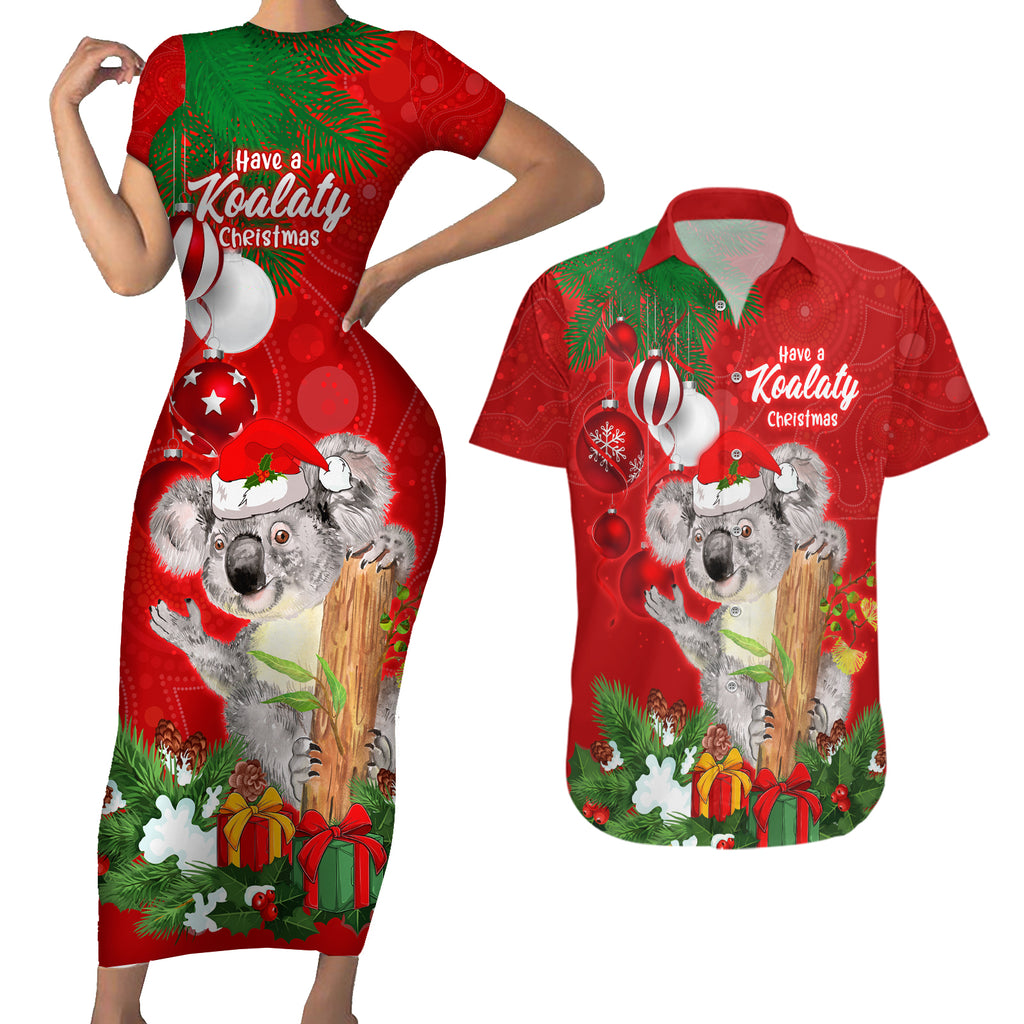 personalised-koala-lover-couples-matching-short-sleeve-bodycon-dress-and-hawaiian-shirt-australia-koalaty-merry-christmas-aboriginal