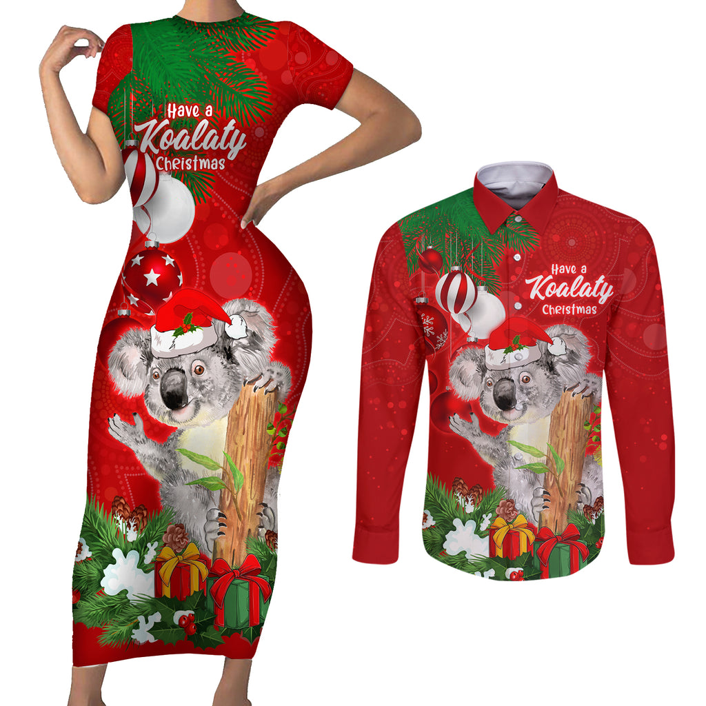 personalised-koala-lover-couples-matching-short-sleeve-bodycon-dress-and-long-sleeve-button-shirt-australia-koalaty-merry-christmas-aboriginal
