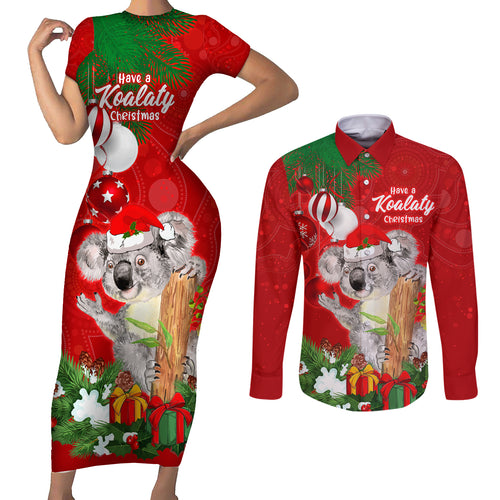 personalised-koala-lover-couples-matching-short-sleeve-bodycon-dress-and-long-sleeve-button-shirt-australia-koalaty-merry-christmas-aboriginal