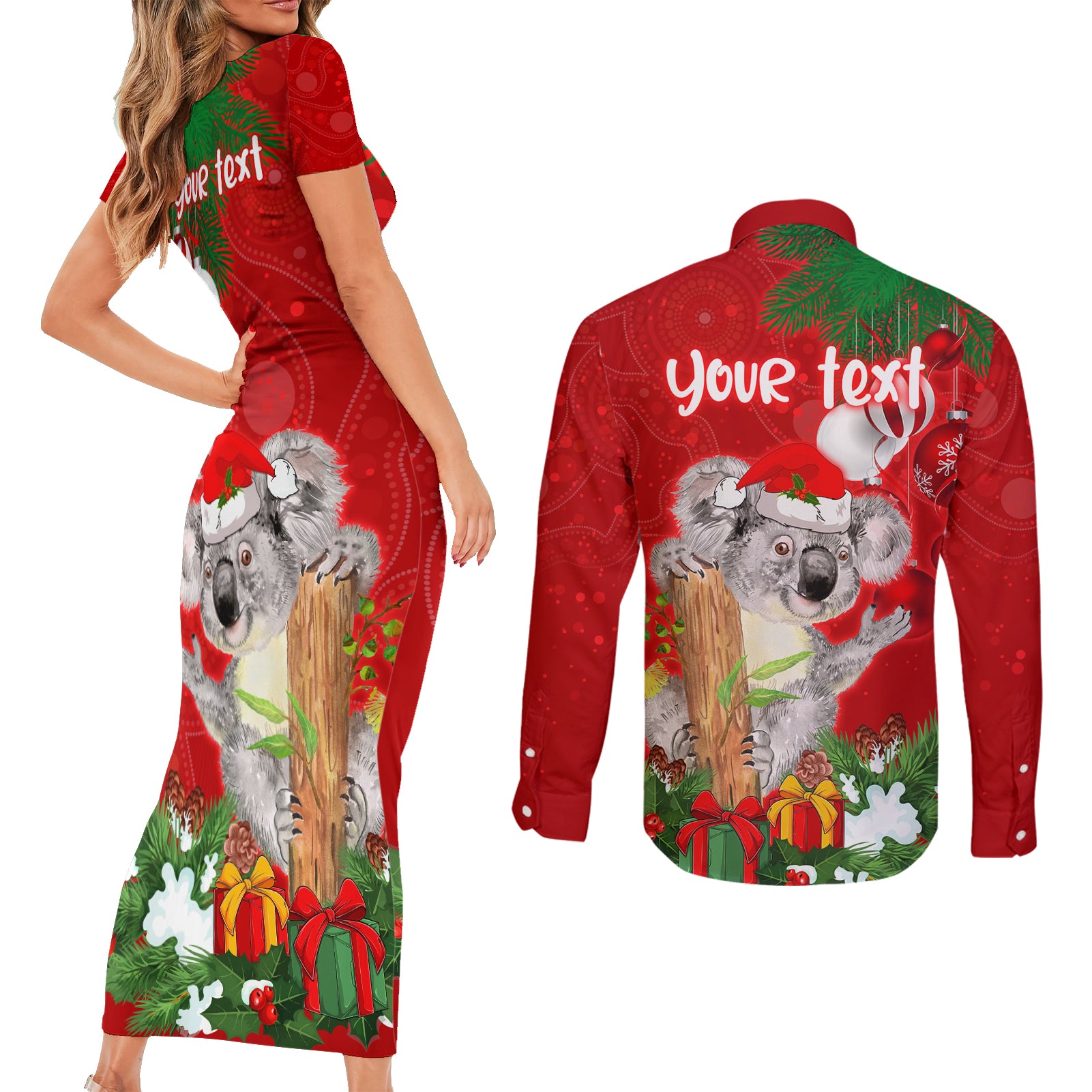 personalised-koala-lover-couples-matching-short-sleeve-bodycon-dress-and-long-sleeve-button-shirt-australia-koalaty-merry-christmas-aboriginal