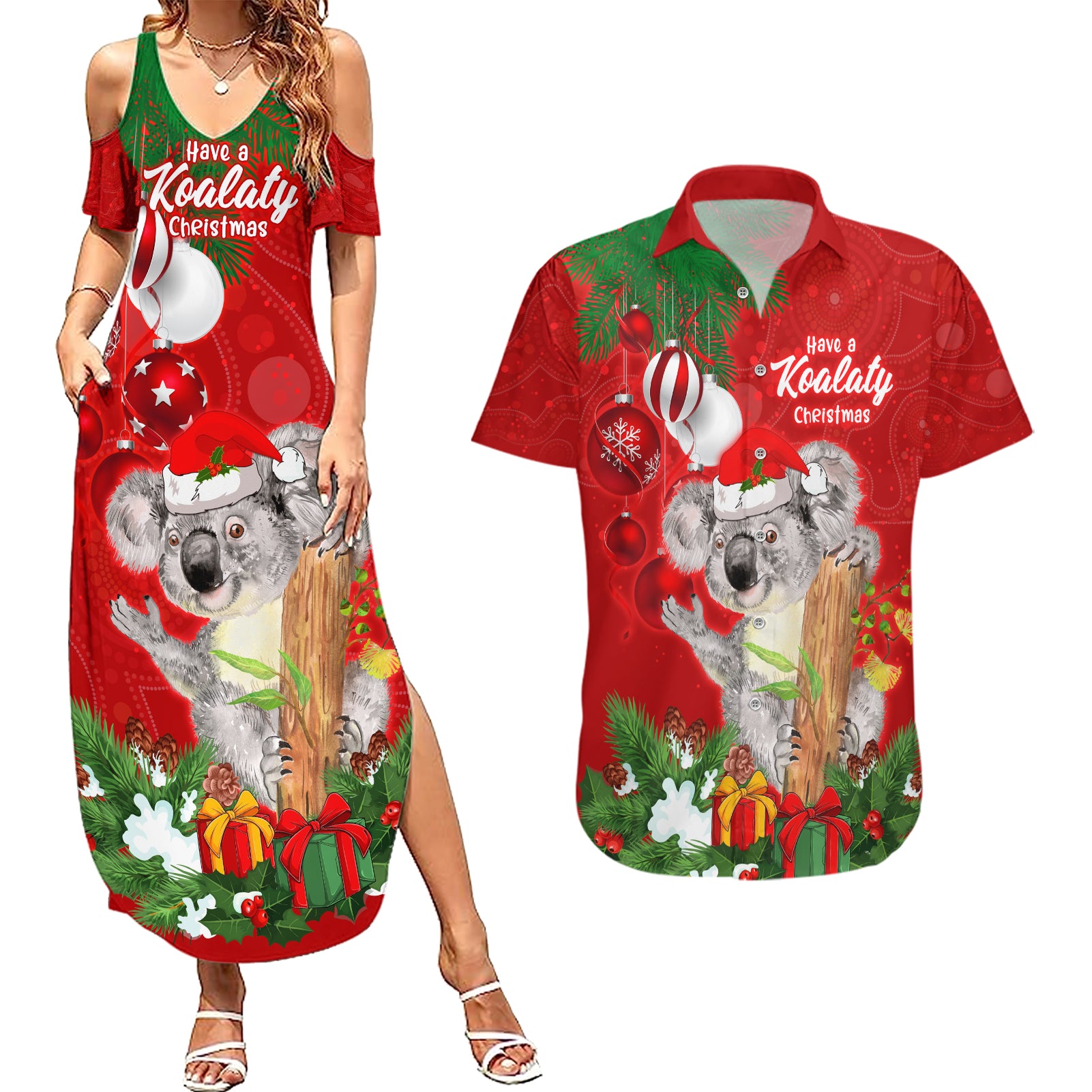 personalised-koala-lover-couples-matching-summer-maxi-dress-and-hawaiian-shirt-australia-koalaty-merry-christmas-aboriginal