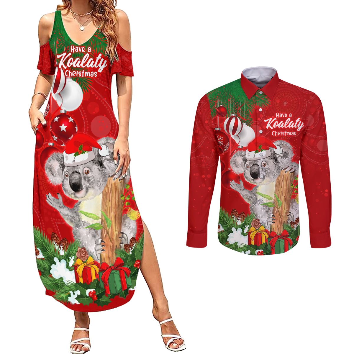 personalised-koala-lover-couples-matching-summer-maxi-dress-and-long-sleeve-button-shirt-australia-koalaty-merry-christmas-aboriginal