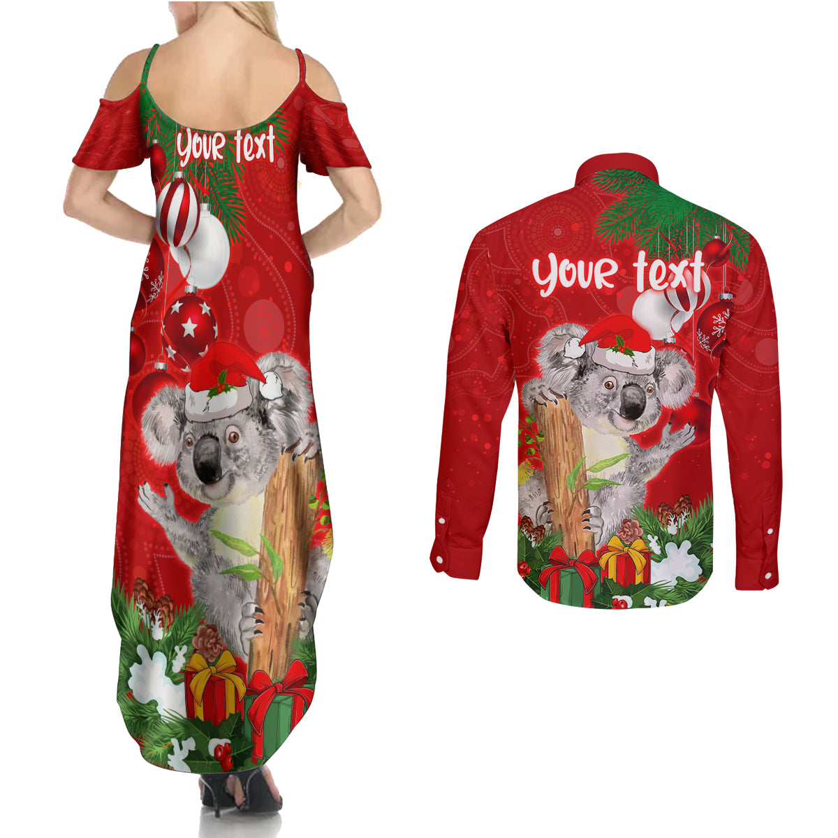 personalised-koala-lover-couples-matching-summer-maxi-dress-and-long-sleeve-button-shirt-australia-koalaty-merry-christmas-aboriginal