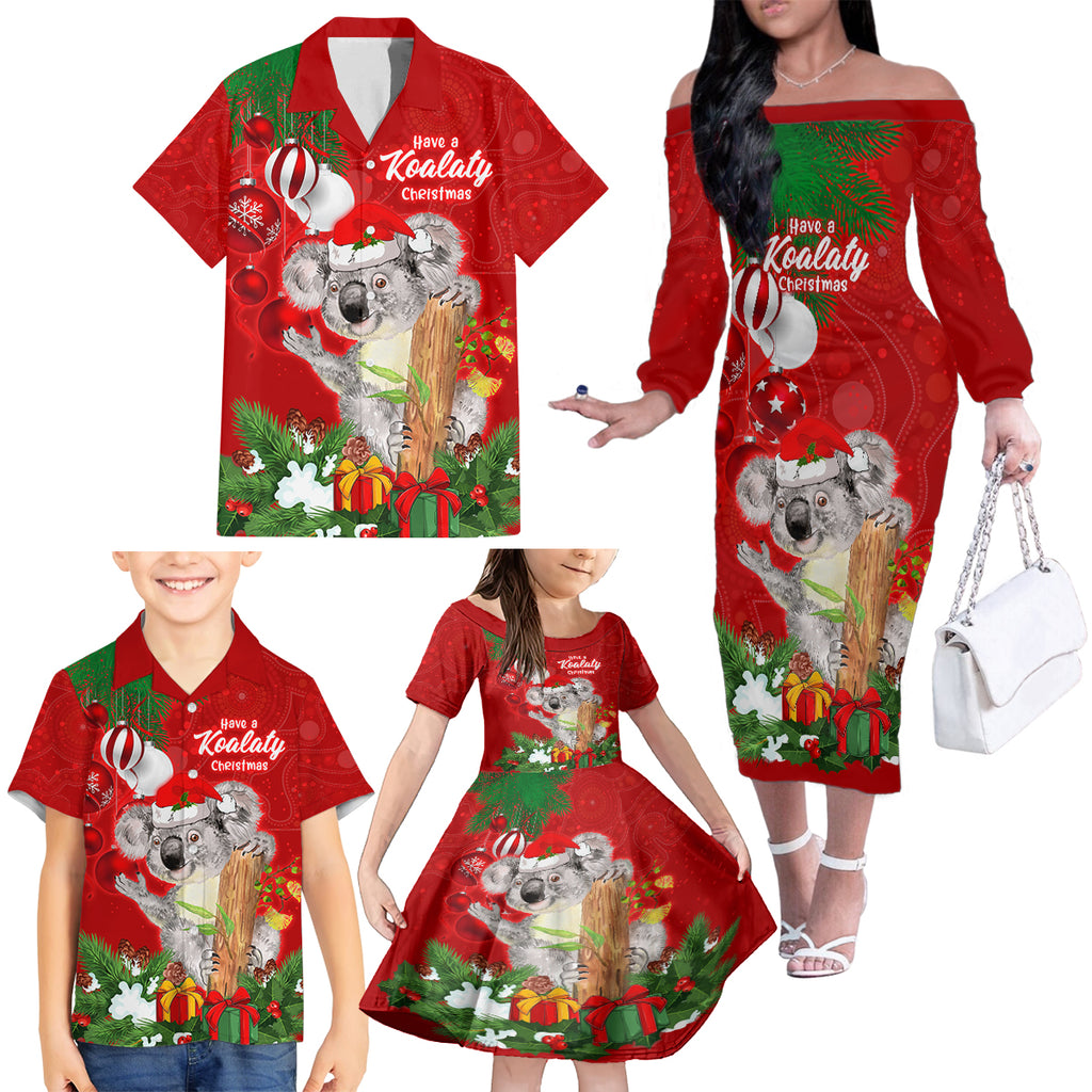 personalised-koala-lover-family-matching-off-shoulder-long-sleeve-dress-and-hawaiian-shirt-australia-koalaty-merry-christmas-aboriginal