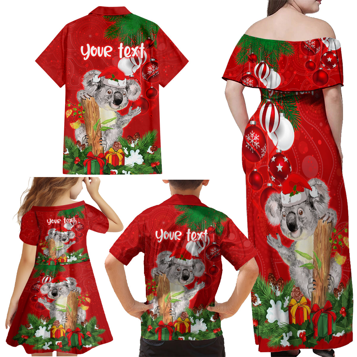 personalised-koala-lover-family-matching-off-shoulder-maxi-dress-and-hawaiian-shirt-australia-koalaty-merry-christmas-aboriginal