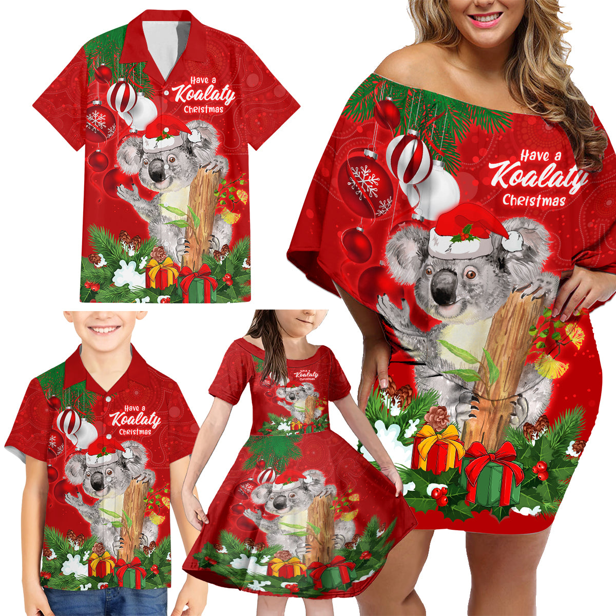 personalised-koala-lover-family-matching-off-shoulder-short-dress-and-hawaiian-shirt-australia-koalaty-merry-christmas-aboriginal