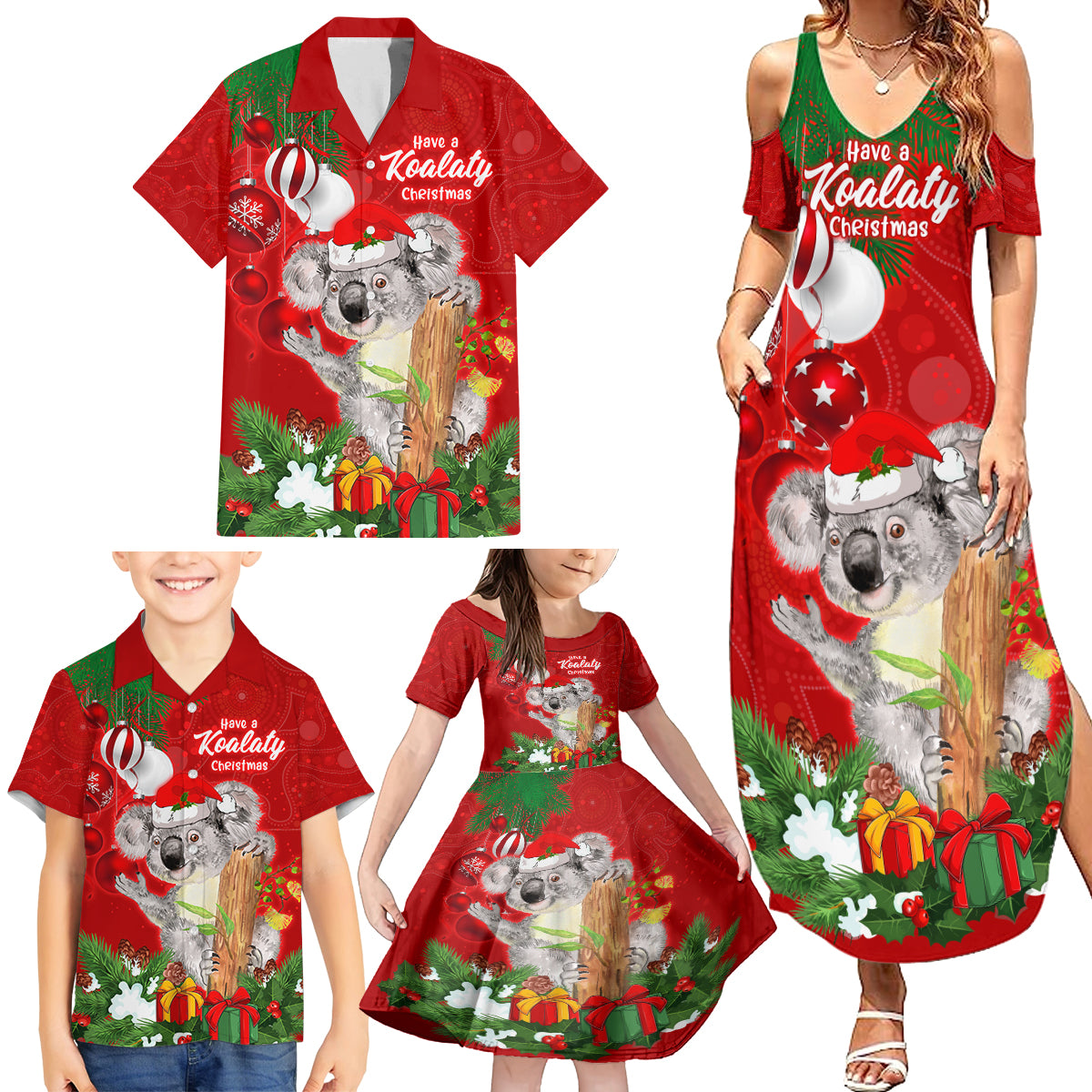 personalised-koala-lover-family-matching-summer-maxi-dress-and-hawaiian-shirt-australia-koalaty-merry-christmas-aboriginal